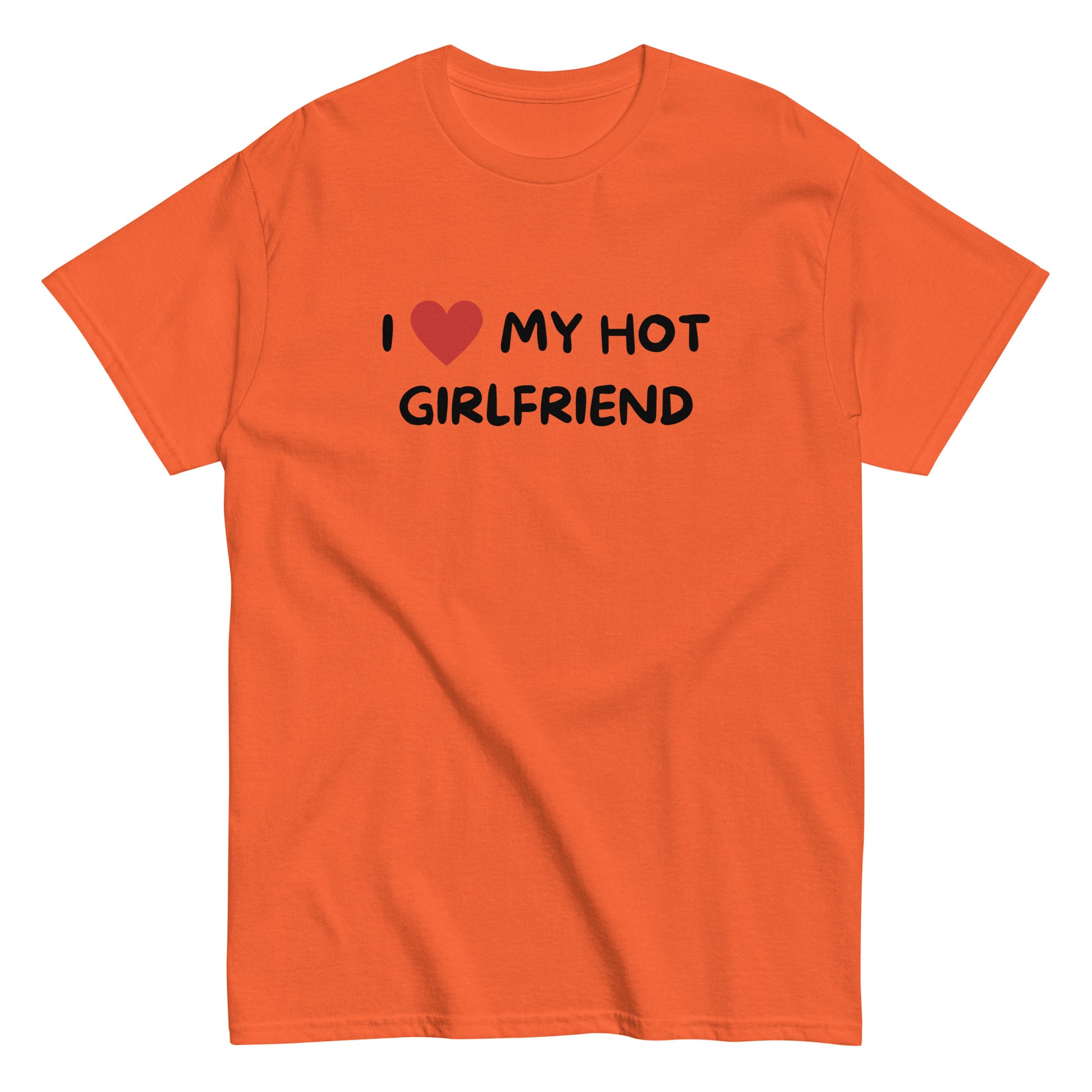 The I Love My Hot Girlfriend T-Shirt by FunnyDripStore features bold white lettering and a red heart on a purple shirt—a fun, standout choice for anyone who loves quirky and eye-catching clothing.