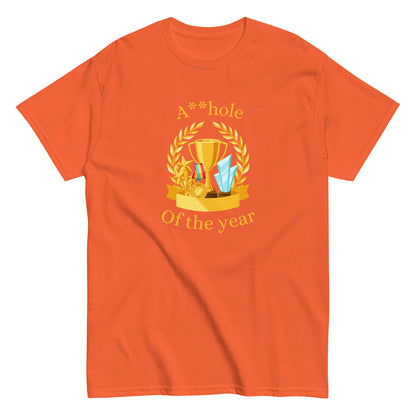 The A**hole Of The Year T-Shirt by FunnyDripStore features a black design with a gold trophy, medals, laurel wreath graphic, and bold yellow text. Perfect funny merch for anyone who loves standout humor.