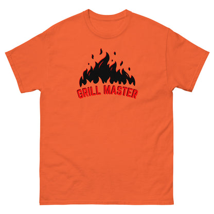The Grill Master T-Shirt by FunnyDripStore: a yellow tee with black flames above bold red GRILL MASTER text—funny merch perfect for any BBQ lover.