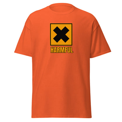 The Harmful T-Shirt by FunnyDripStore is a yellow meme shirt with a bold black X in a square above HARMFUL in black letters on the chest.