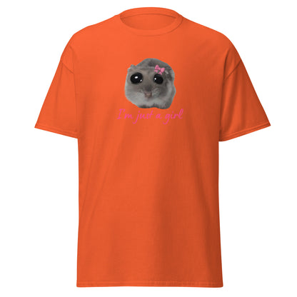 The Im Just A Girl T-Shirt from FunnyDripStore features a cute hamster with a pink bow and large eyes, plus “Im just a girl” in pink cursive—perfect for anyone who loves adorable, quirky text shirts.