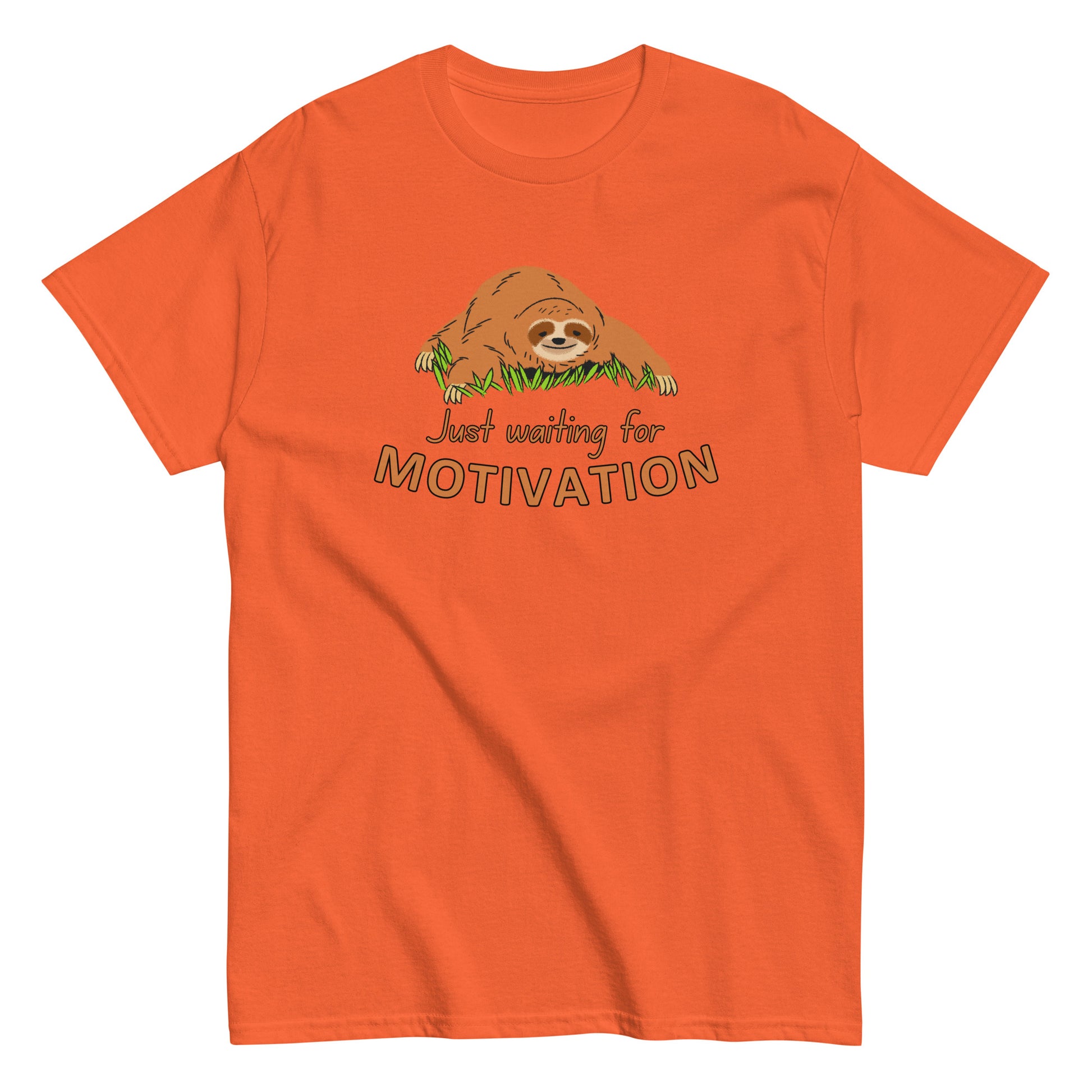 The Just Waiting For Motivation T-Shirt by FunnyDripStore features a smiling sloth on grass above bold orange and yellow text—a perfect choice for fans of funny apparel.