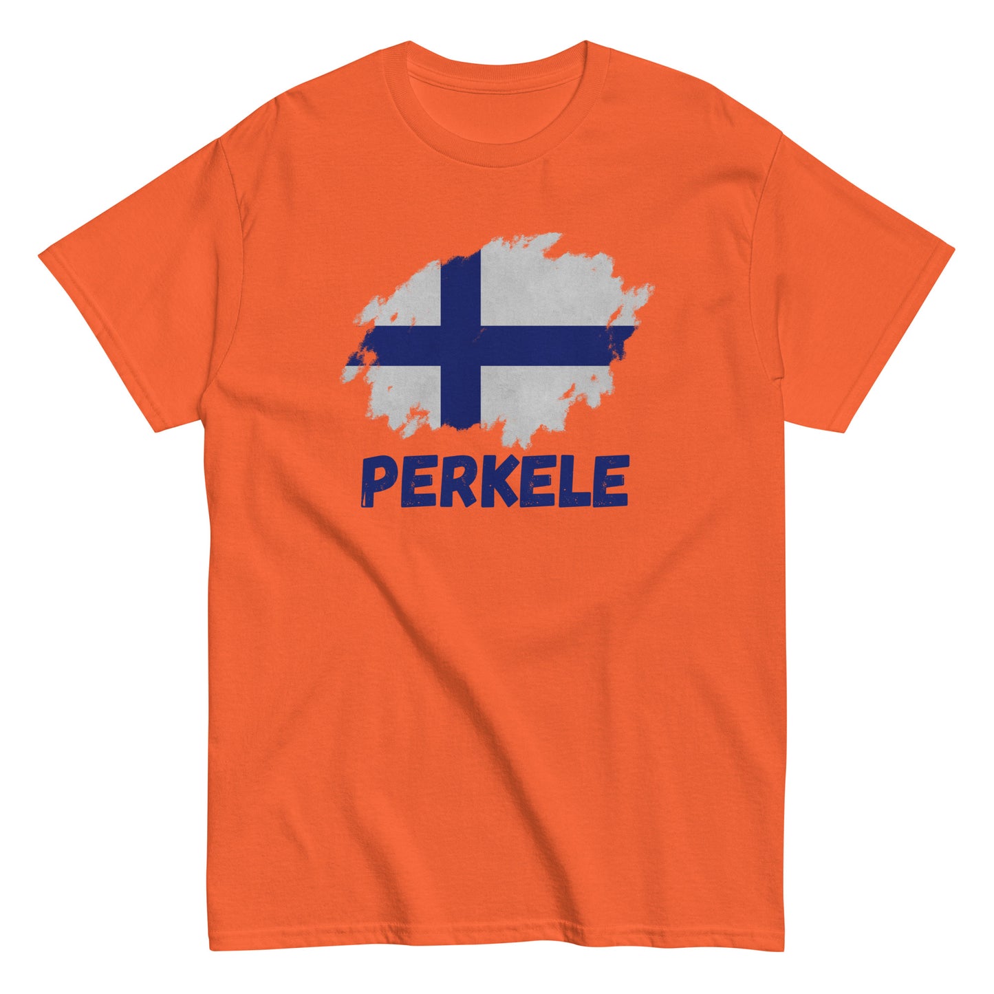 The Perkele T-Shirt by FunnyDripStore features a white design with a brushstroke Finnish flag above bold blue PERKELE text—a unique, funny tee for fans of quirky merch.