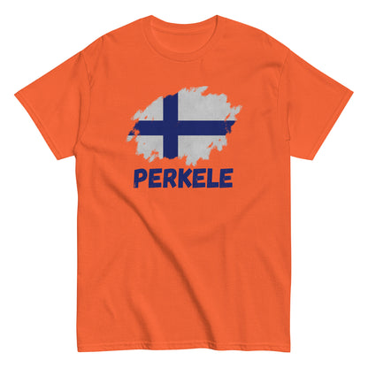 The Perkele T-Shirt by FunnyDripStore features a white design with a brushstroke Finnish flag above bold blue PERKELE text—a unique, funny tee for fans of quirky merch.