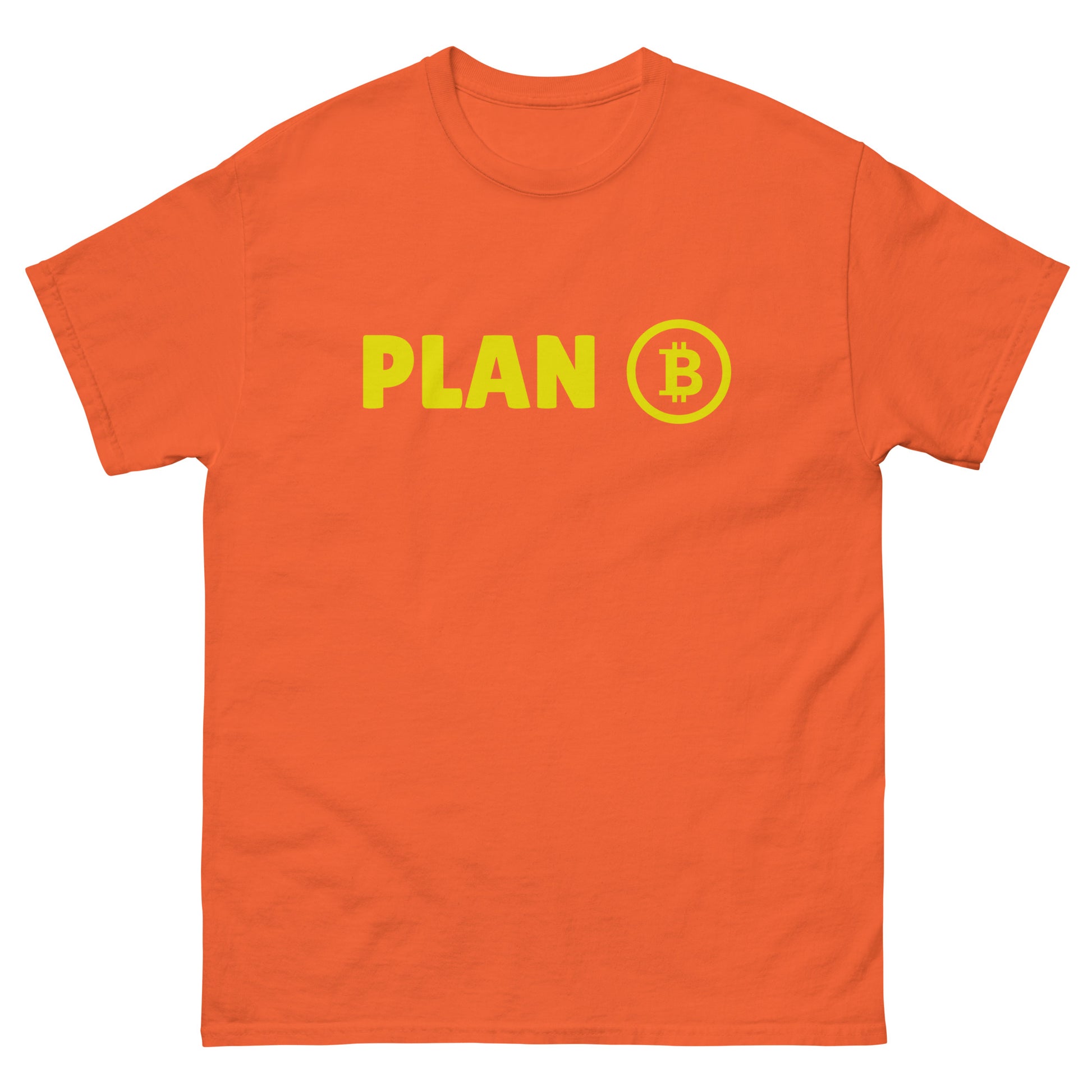 The Plan B T-Shirt from FunnyDripStore features PLAN in bold yellow letters and a yellow Bitcoin symbol inside a circle on the chest—a fun meme shirt perfect for fans of funny clothing.