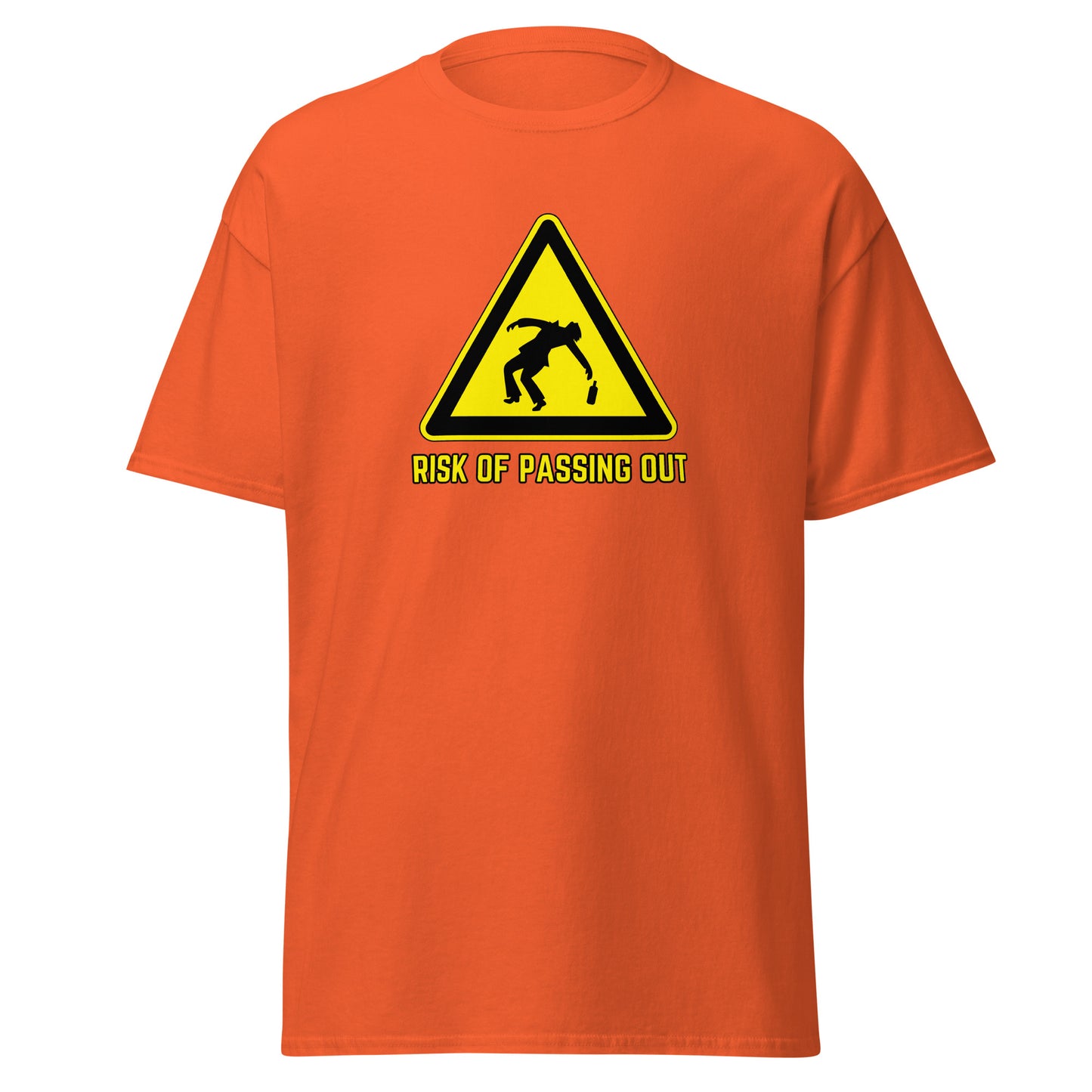 The Risk Of Passing Out T-Shirt by FunnyDripStore is a black tee with a yellow warning sign and “RISK OF PASSING OUT” text—a perfect meme shirt for fans of bold, humorous style.