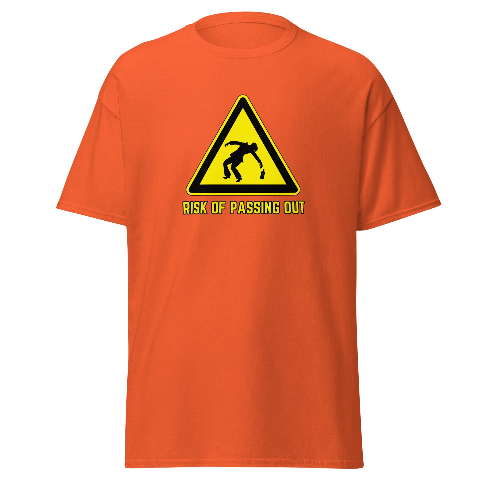 The Risk Of Passing Out T-Shirt by FunnyDripStore is a black tee with a yellow warning sign and “RISK OF PASSING OUT” text—a perfect meme shirt for fans of bold, humorous style.