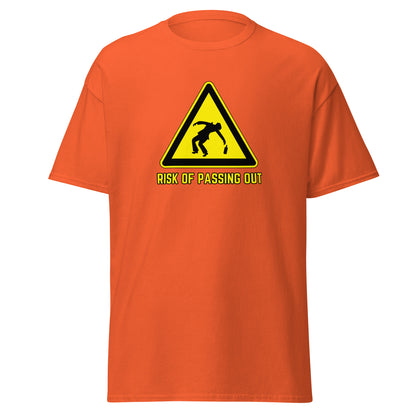 The Risk Of Passing Out T-Shirt by FunnyDripStore is a black tee with a yellow warning sign and “RISK OF PASSING OUT” text—a perfect meme shirt for fans of bold, humorous style.