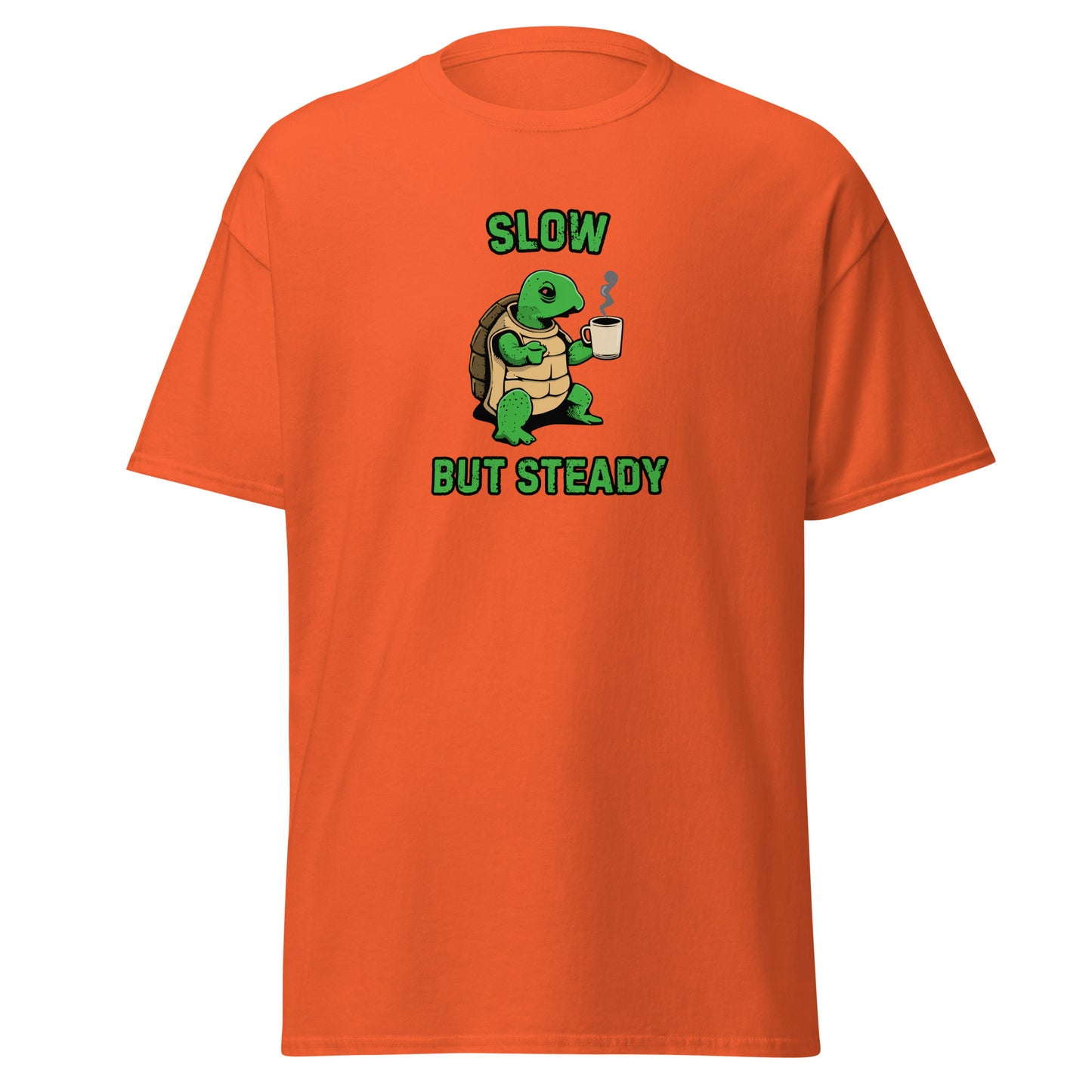 The FunnyDripStore Slow But Steady T-Shirt is a black tee with a cartoon turtle holding a coffee mug and SLOW above and BUT STEADY below in green—perfect meme shirt for coffee lovers.