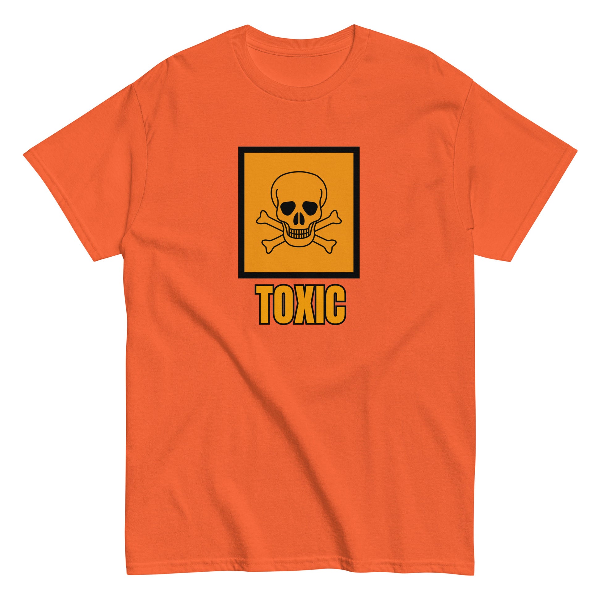 The FunnyDripStore Toxic T-Shirt features a bold yellow square with a black skull and crossbones above TOXIC in yellow on the front. This black meme shirt is perfect for those who love humorous clothing.