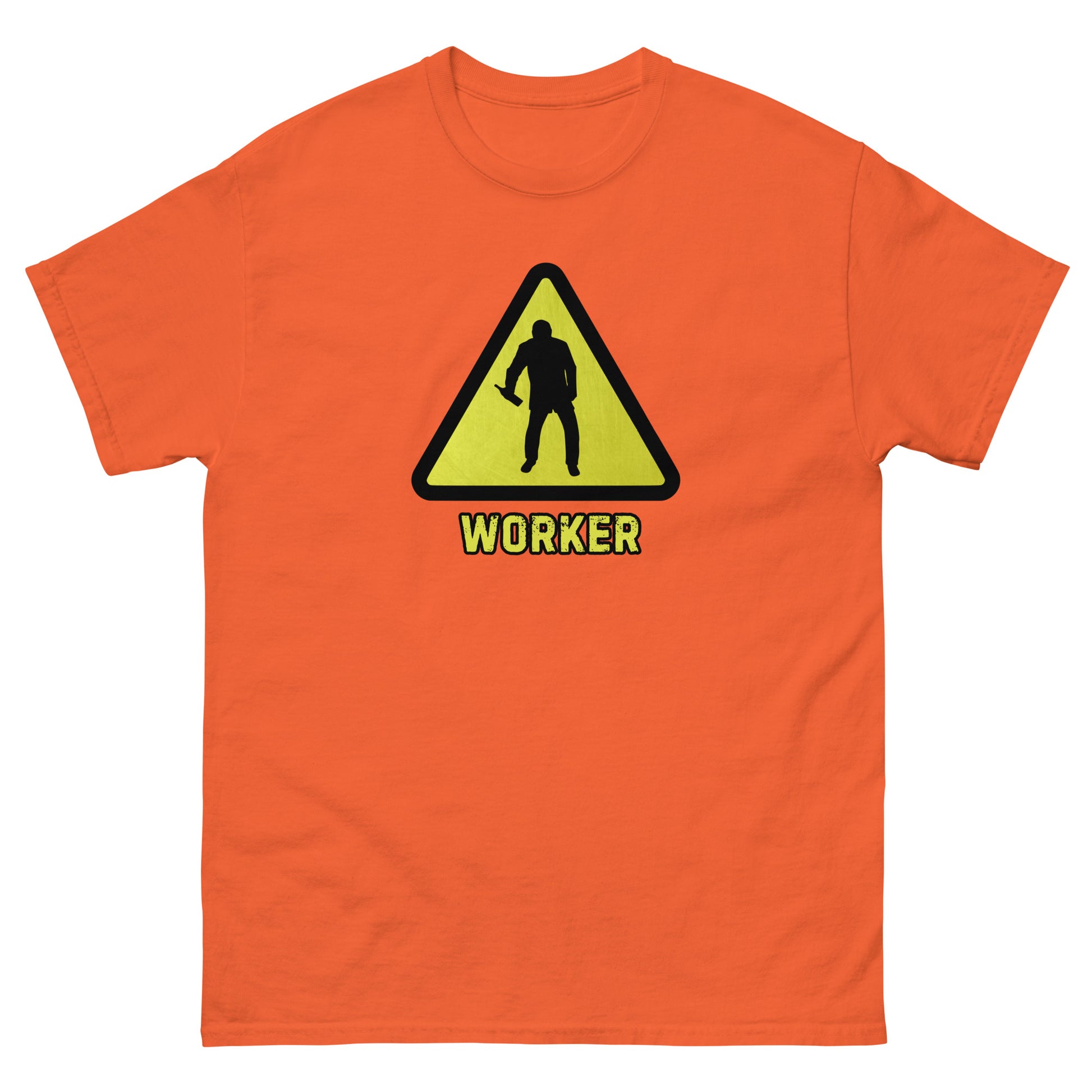 The Worker T-Shirt by FunnyDripStore features a yellow triangular warning sign with a worker silhouette and bold yellow WORKER text on black—a funny shirt for anyone who enjoys meme apparel and humorous graphic tees.