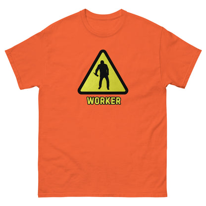The Worker T-Shirt by FunnyDripStore features a yellow triangular warning sign with a worker silhouette and bold yellow WORKER text on black—a funny shirt for anyone who enjoys meme apparel and humorous graphic tees.