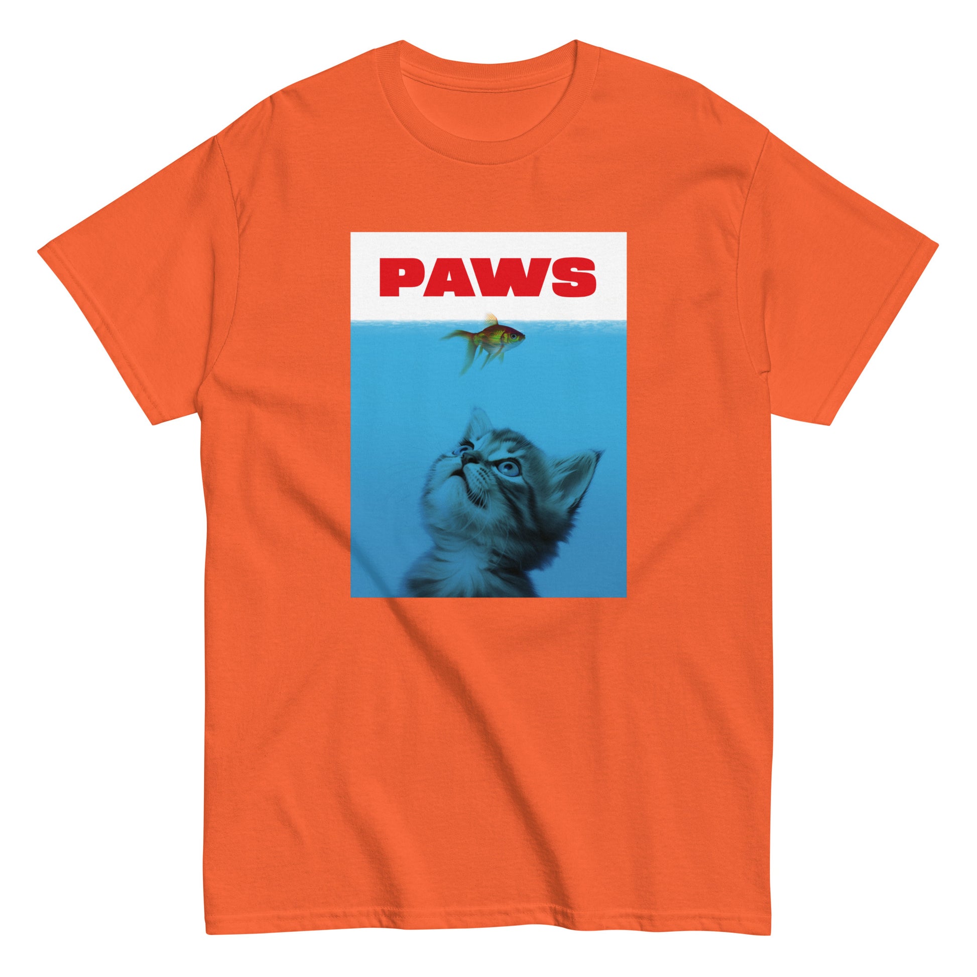 The Paws T-Shirt by FunnyDripStore features a kitten underwater eyeing a goldfish, with PAWS in bold red— a humorous meme shirt parodying the classic Jaws poster.