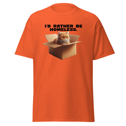 The Id Rather Be Homeless T-Shirt by FunnyDripStore features a grumpy orange cat in a box on a gold tee—perfect quirky merch for cat lovers and fans of clever text shirts.