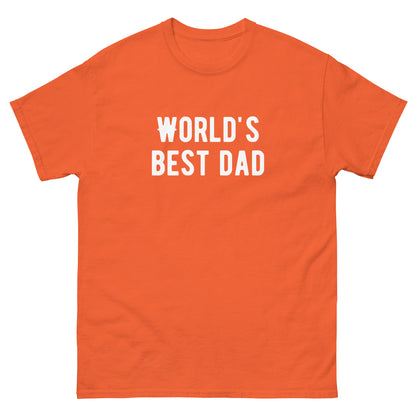 The FunnyDripStore Worlds Best Dad T-Shirt in navy features WORLDS BEST DAD in bold white letters, with the W styled as a mustache—a funny, unique gift for dads who love humorous clothing.