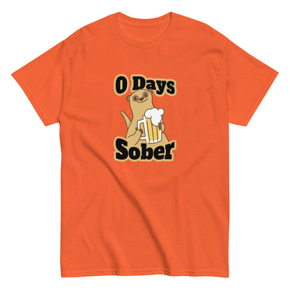 The 0 Days Sober T-Shirt by FunnyDripStore features a cartoon meerkat with a beer mug and bold 0 Days Sober text, printed on a navy shirt—ideal quirky, funny clothing for fans of humorous style.