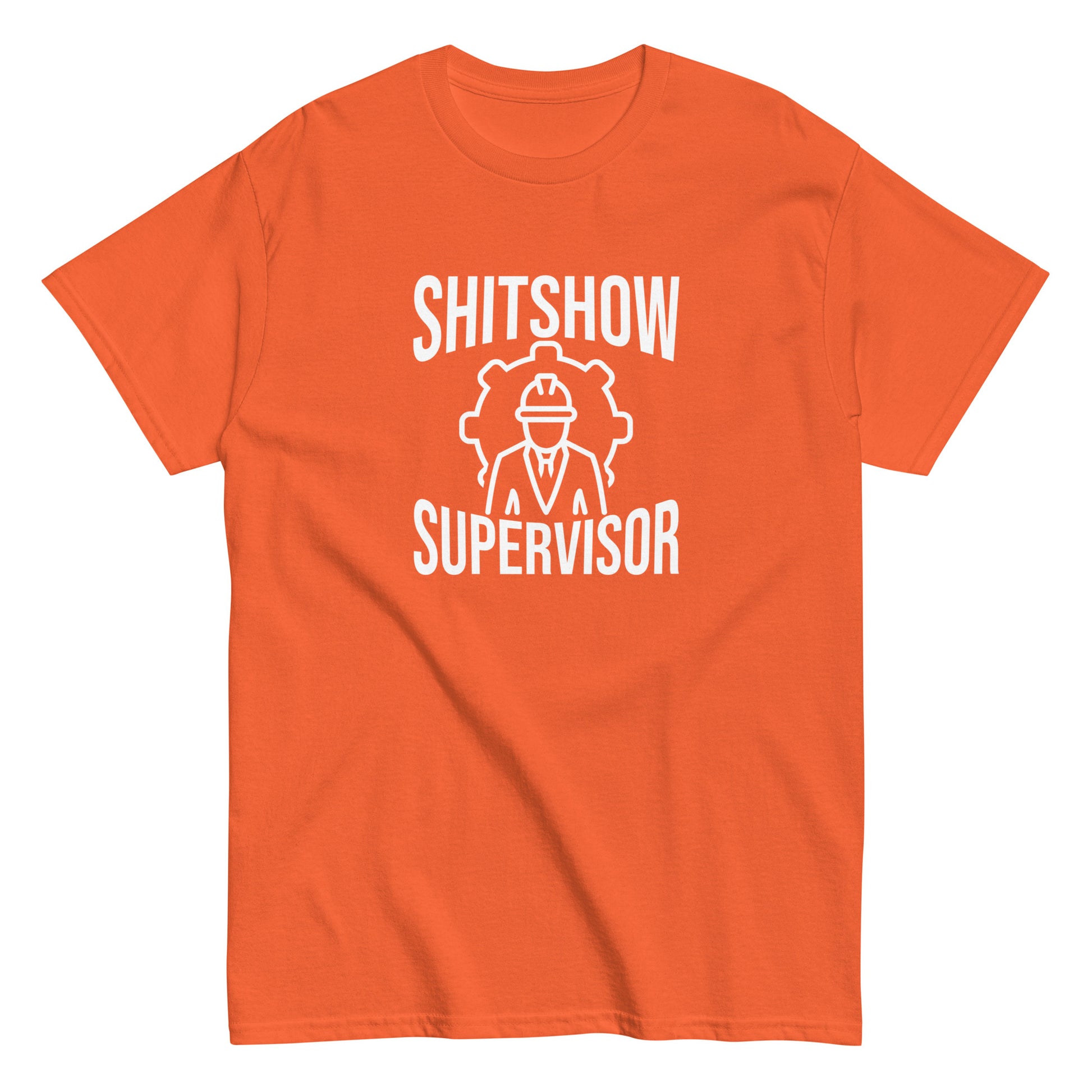 The Shitshow Supervisor T-Shirt by FunnyDripStore features “SHITSHOW SUPERVISOR” in white and a supervisor line drawing—perfect funny merch for meme lovers seeking humor tees.