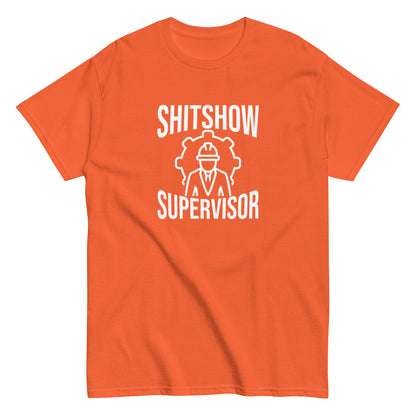 The Shitshow Supervisor T-Shirt by FunnyDripStore features “SHITSHOW SUPERVISOR” in white and a supervisor line drawing—perfect funny merch for meme lovers seeking humor tees.