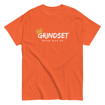 The Grindset T-Shirt by FunnyDripStore is a purple tee featuring GRINDSET in bold white letters with a gold crown over the G, and NEVER GIVE UP. below—ideal for fans of clever text shirts.