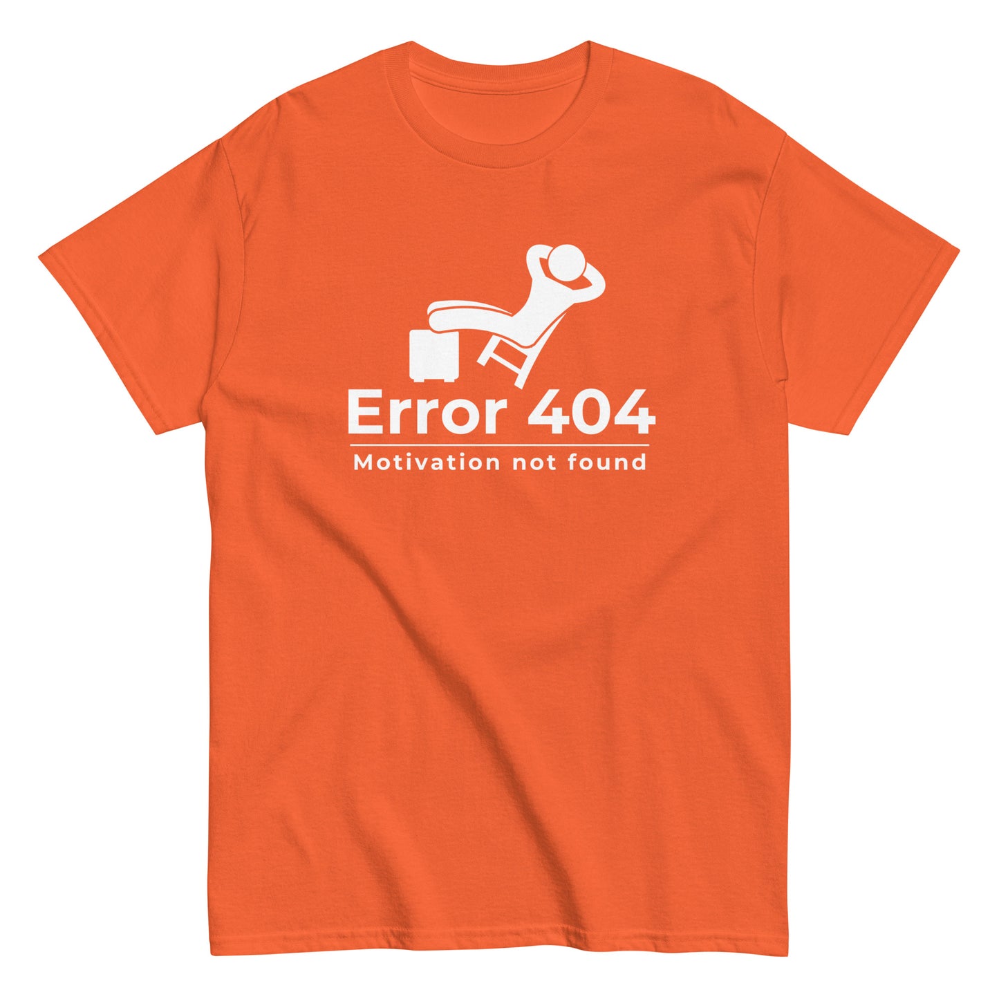 The FunnyDripStore Error 404 T-Shirt in black features a graphic of a relaxed person and the “Motivation not found” caption—perfect for showing off your laid-back mood with humor.