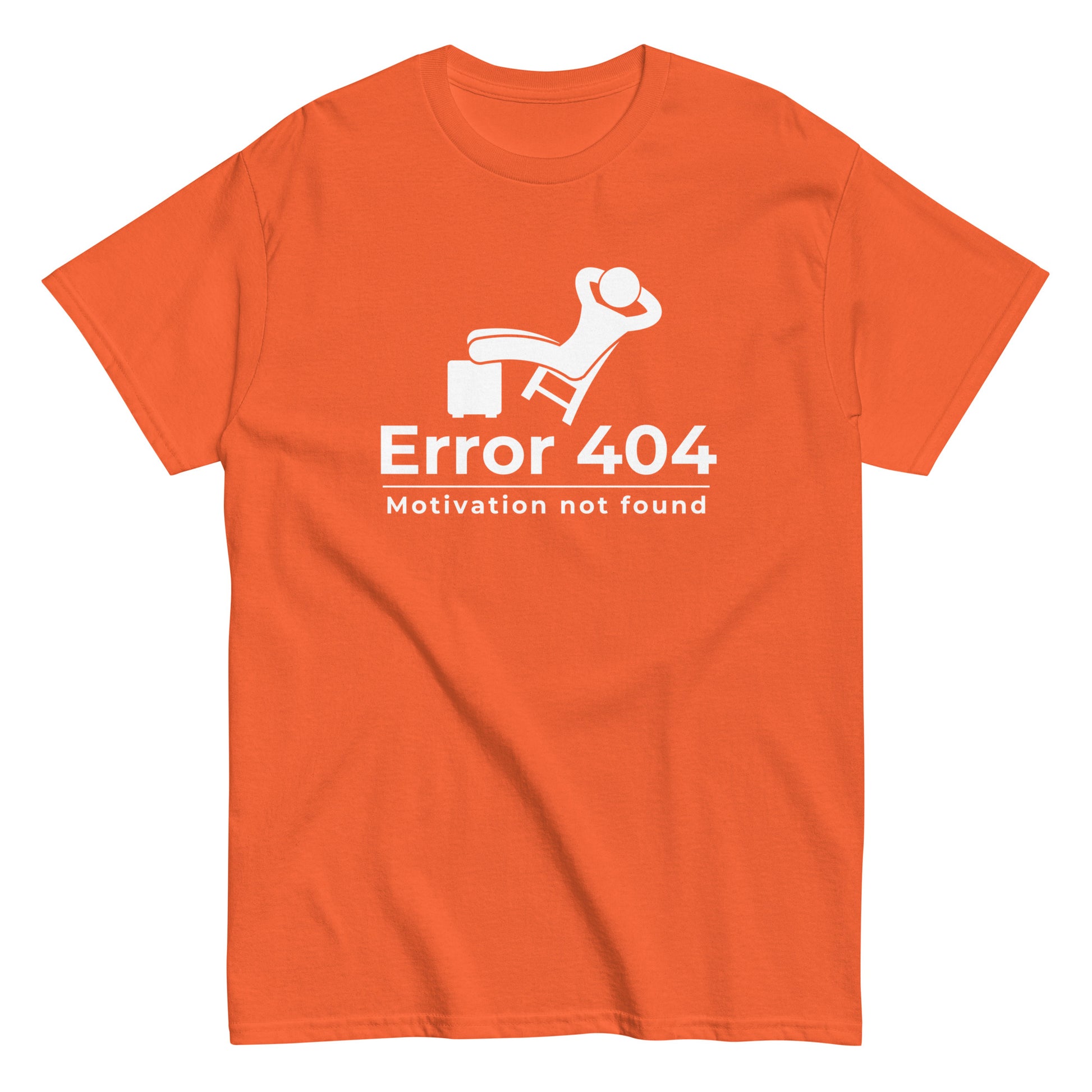 The FunnyDripStore Error 404 T-Shirt in black features a graphic of a relaxed person and the “Motivation not found” caption—perfect for showing off your laid-back mood with humor.