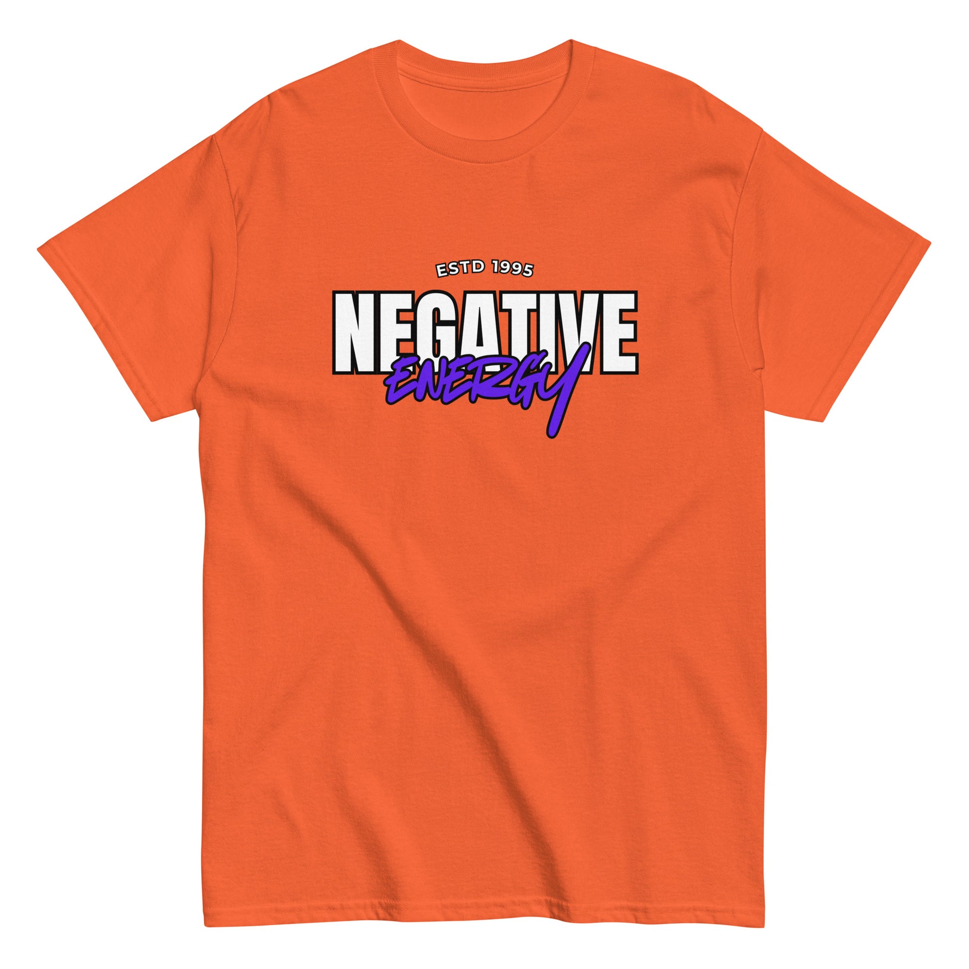 The Negative Energy T-Shirt by FunnyDripStore is a white tee featuring bold black and purple ESTD 1996 NEGATIVE ENERGY lettering—perfect for fans of witty, playful merch.
