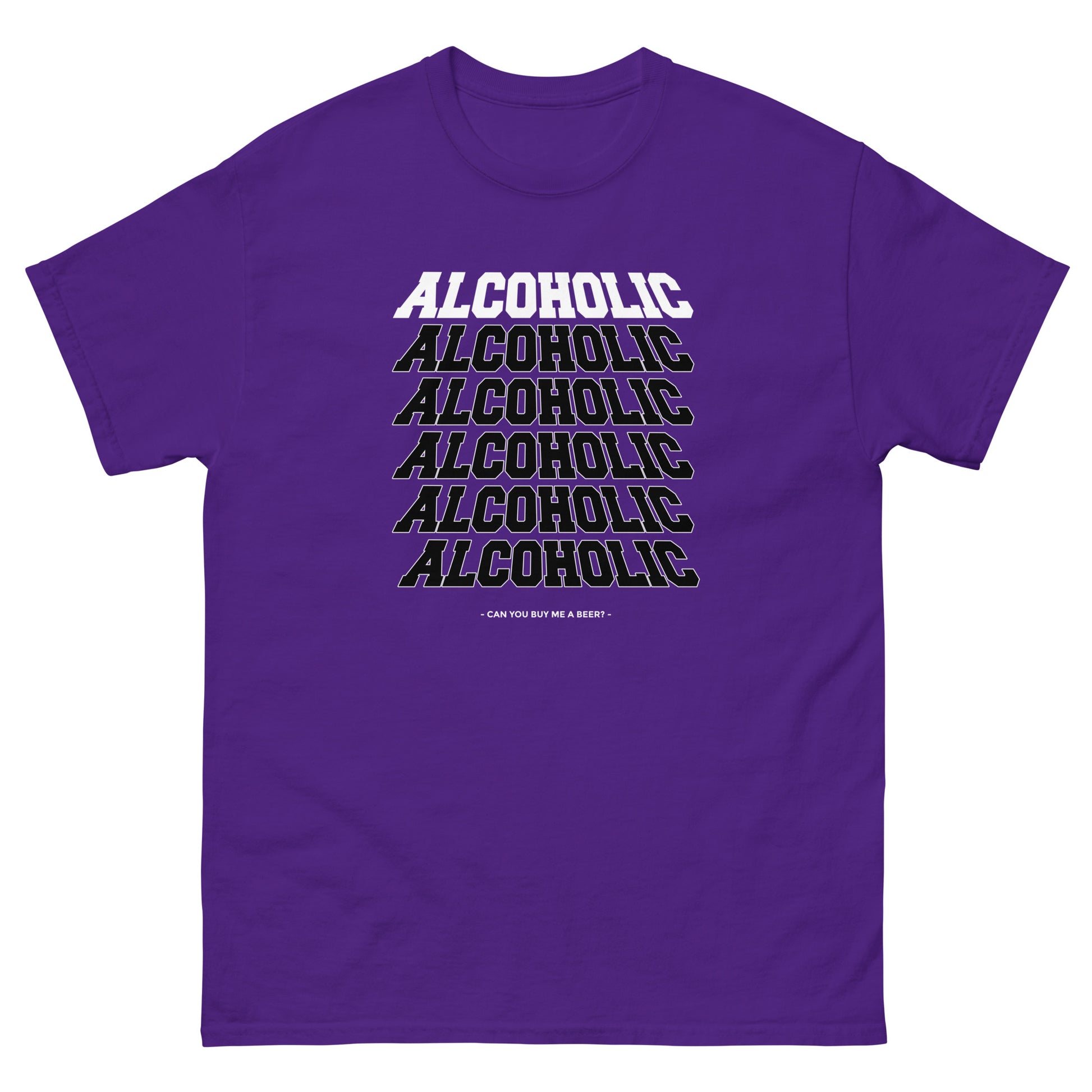 The Alcoholic T-Shirt by FunnyDripStore features “ALCOHOLIC” stacked five times in bold white on black, with “CAN YOU BUY ME A BEER?” below. A hilarious and unique tee for anyone who loves funny merch!.
