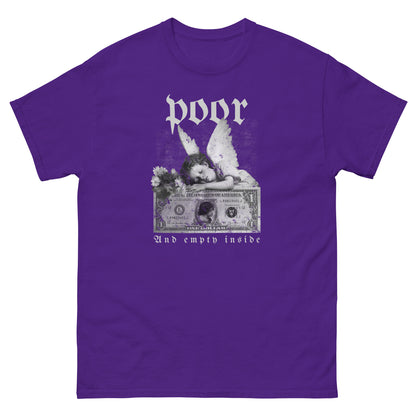 The Poor And Empty Inside T-Shirt by FunnyDripStore features a sad angel on a dollar bill, white flowers, and gothic poor (above) and And empty inside (below)—a perfect meme shirt for fans of funny apparel.