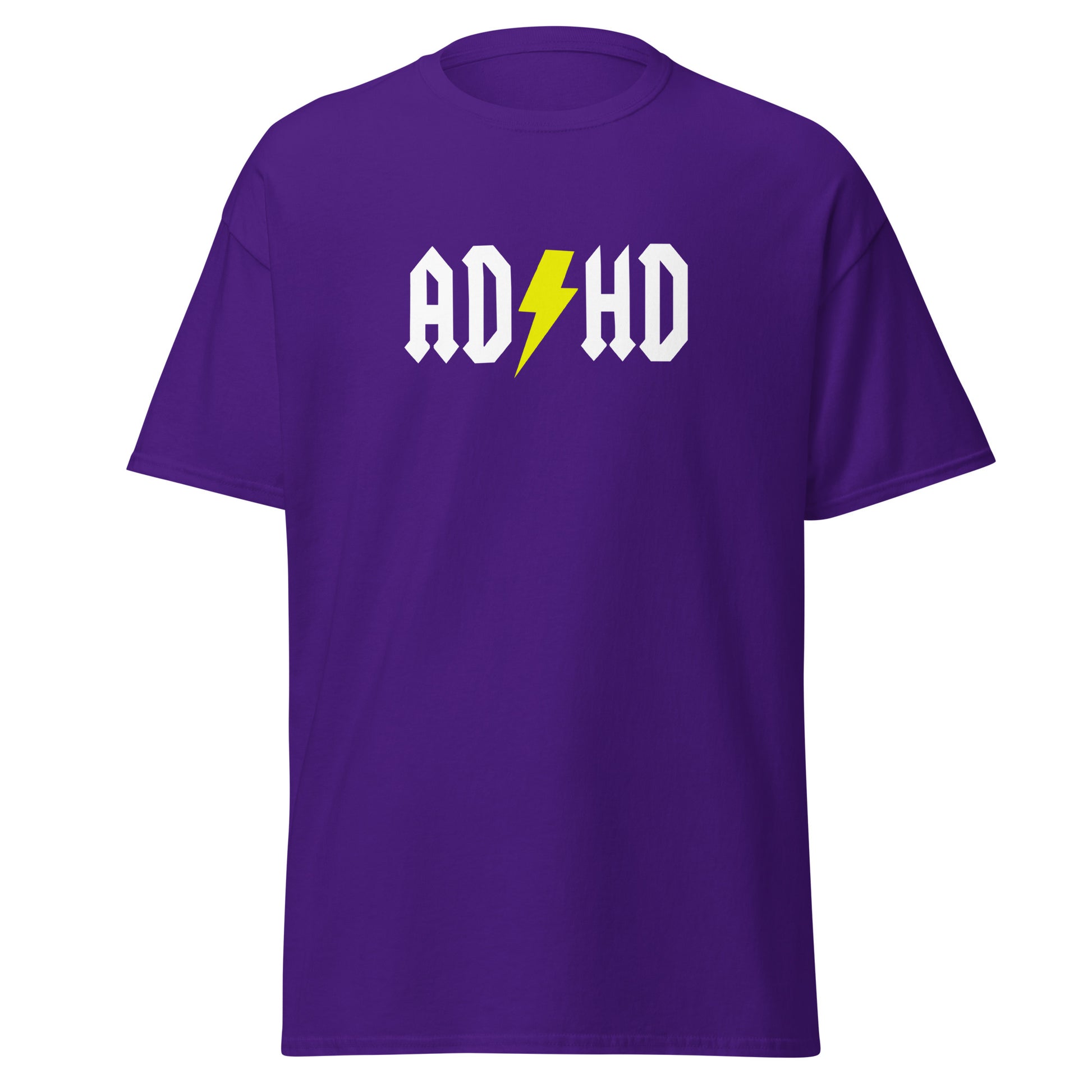 The ADHD T-Shirt by FunnyDripStore features ADHD in bold white letters with a yellow lightning bolt as the second H, styled like the AC/DC logo—a great gift for anyone who loves funny graphic tees.