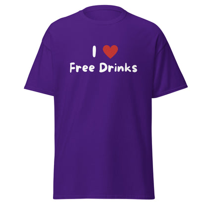 The I Love Free Drinks T-Shirt by FunnyDripStore features “I ❤️ Free Drinks” printed in black and red—an eye-catching, witty shirt perfect for fans of funny clothing.