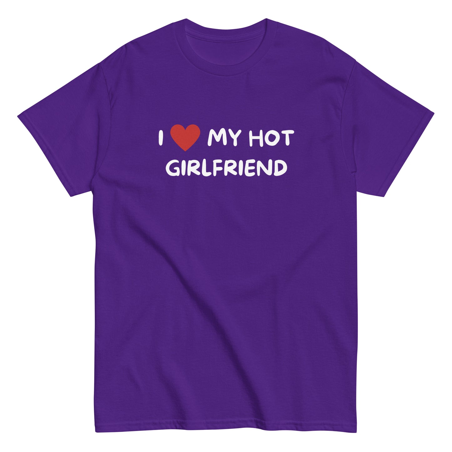 The I Love My Hot Girlfriend T-Shirt by FunnyDripStore features bold white lettering and a red heart on a purple shirt—a fun, standout choice for anyone who loves quirky and eye-catching clothing.