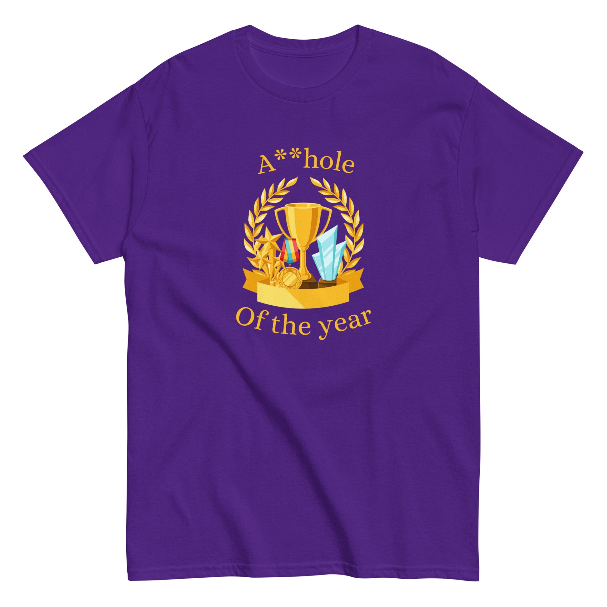 The A**hole Of The Year T-Shirt by FunnyDripStore features a black design with a gold trophy, medals, laurel wreath graphic, and bold yellow text. Perfect funny merch for anyone who loves standout humor.