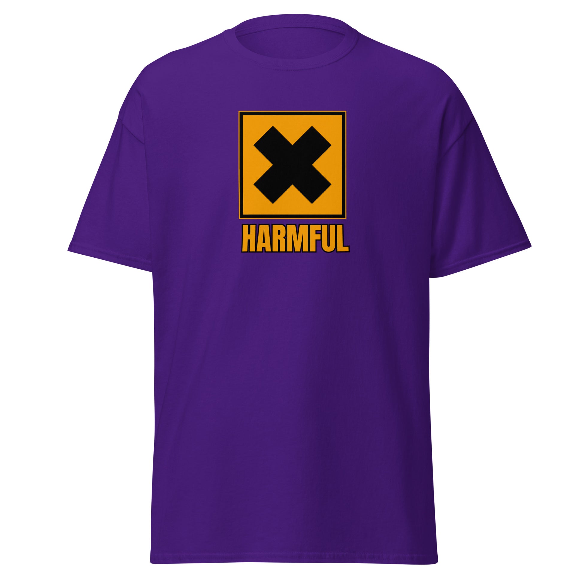 The Harmful T-Shirt by FunnyDripStore is a yellow meme shirt with a bold black X in a square above HARMFUL in black letters on the chest.