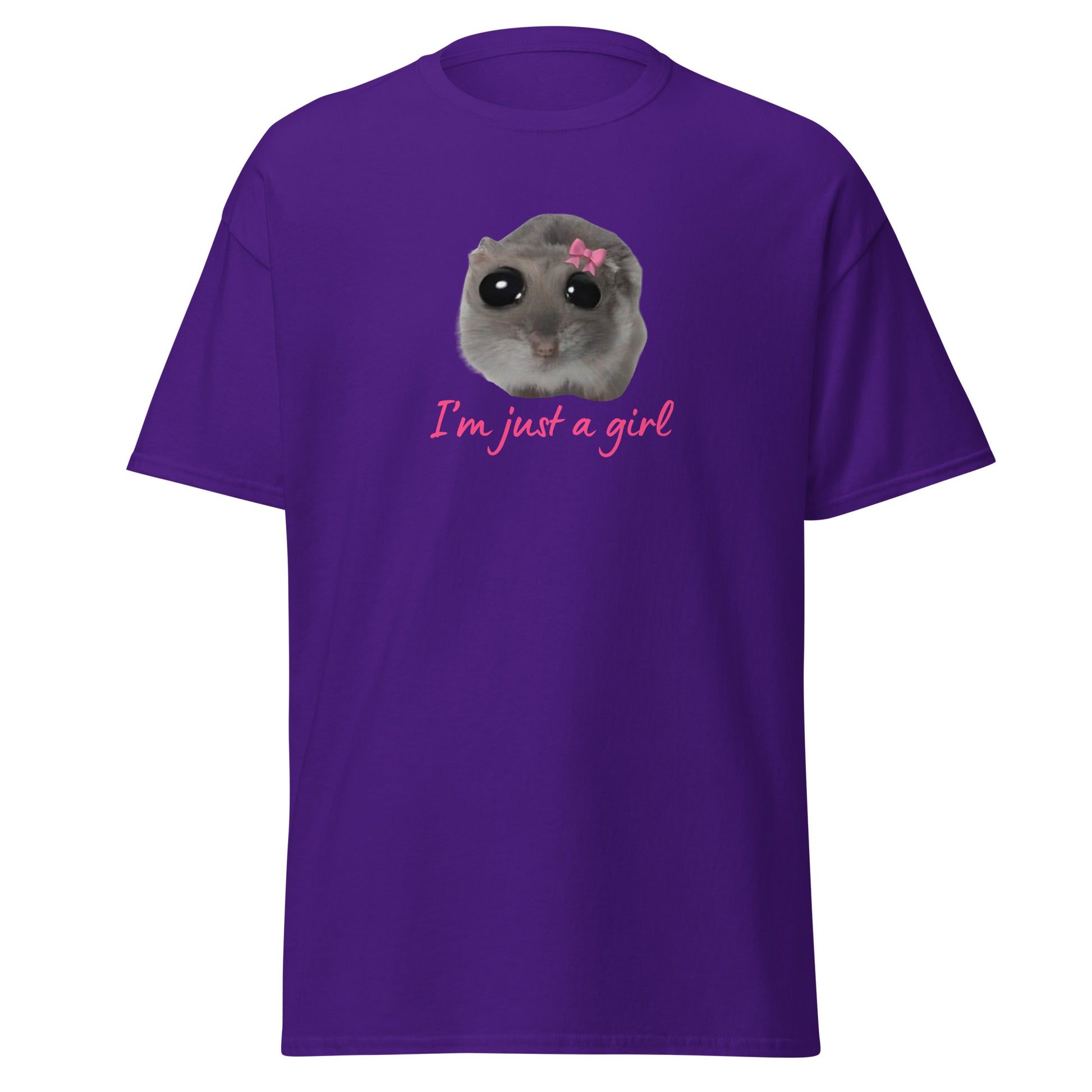 The Im Just A Girl T-Shirt from FunnyDripStore features a cute hamster with a pink bow and large eyes, plus “Im just a girl” in pink cursive—perfect for anyone who loves adorable, quirky text shirts.