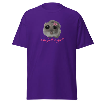 The Im Just A Girl T-Shirt from FunnyDripStore features a cute hamster with a pink bow and large eyes, plus “Im just a girl” in pink cursive—perfect for anyone who loves adorable, quirky text shirts.