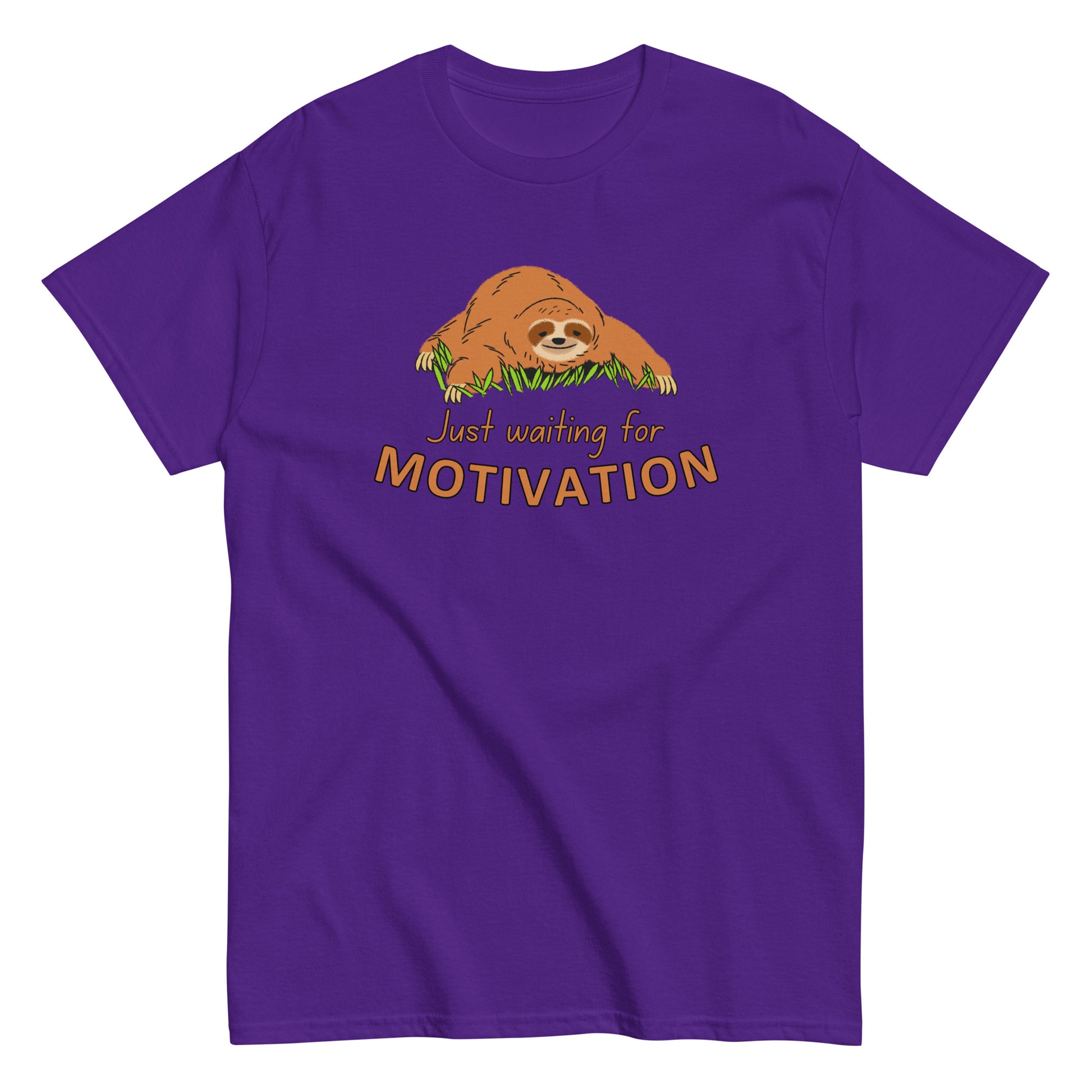 The Just Waiting For Motivation T-Shirt by FunnyDripStore features a smiling sloth on grass above bold orange and yellow text—a perfect choice for fans of funny apparel.