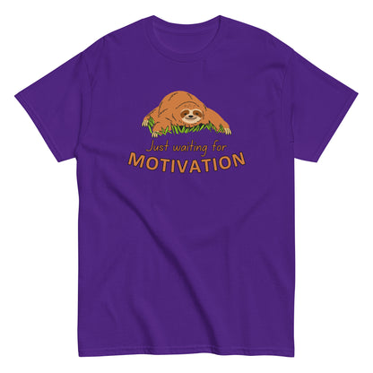 The Just Waiting For Motivation T-Shirt by FunnyDripStore features a smiling sloth on grass above bold orange and yellow text—a perfect choice for fans of funny apparel.