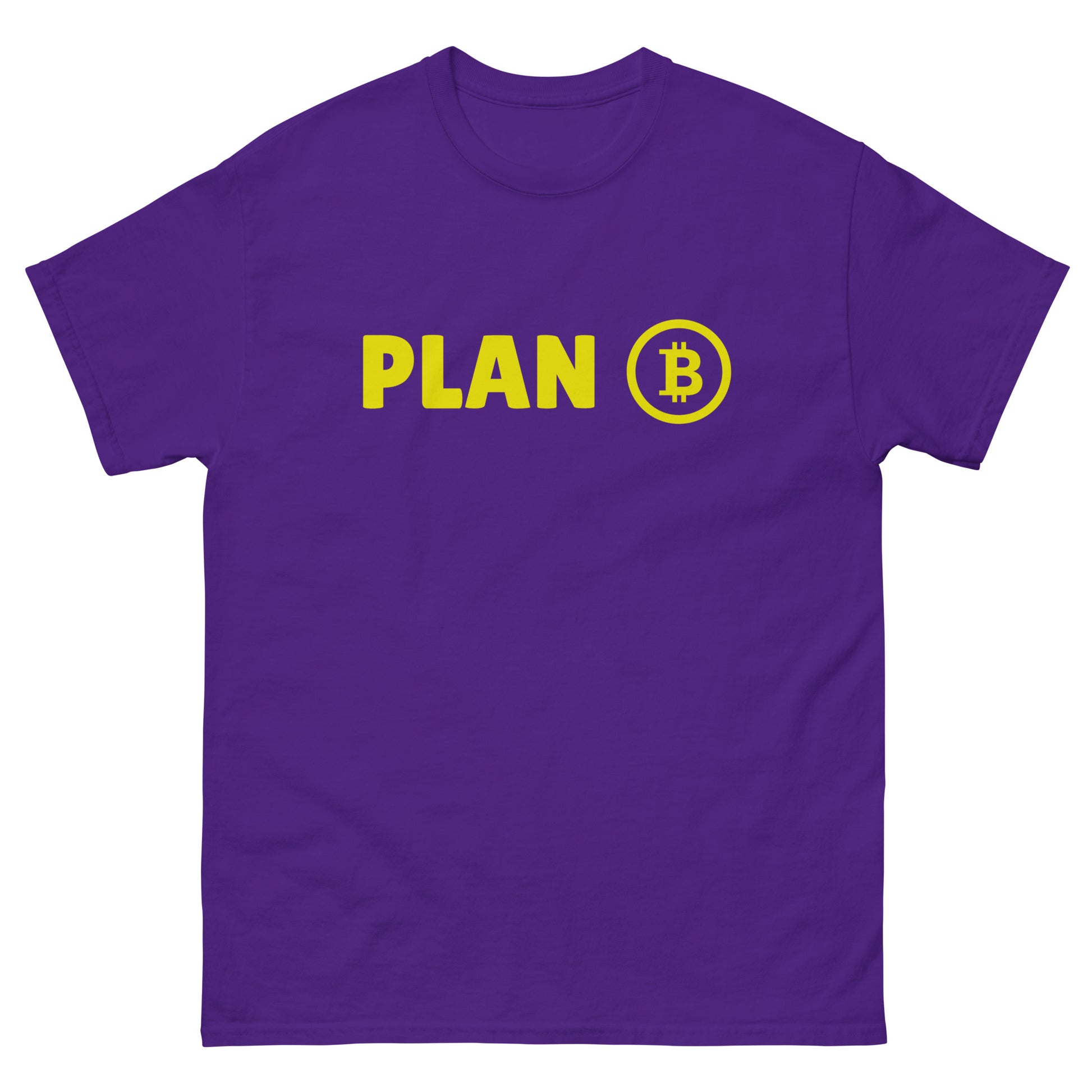 The Plan B T-Shirt from FunnyDripStore features PLAN in bold yellow letters and a yellow Bitcoin symbol inside a circle on the chest—a fun meme shirt perfect for fans of funny clothing.