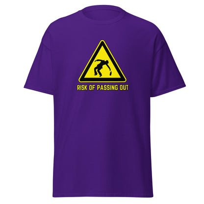 The Risk Of Passing Out T-Shirt by FunnyDripStore is a black tee with a yellow warning sign and “RISK OF PASSING OUT” text—a perfect meme shirt for fans of bold, humorous style.