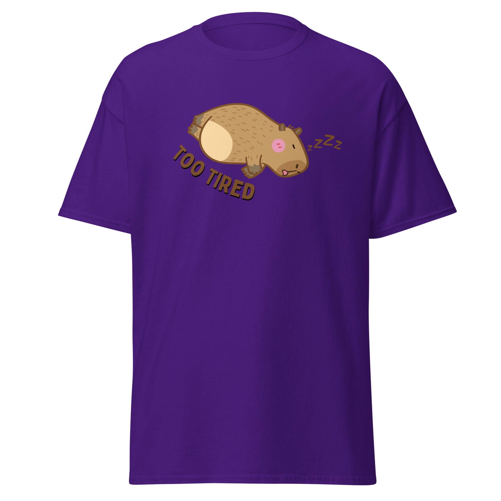 The Too Tired T-Shirt by FunnyDripStore is a white tee with a cute cartoon capybara sleeping on its side and TOO TIRED text—ideal for fans of funny clothing and charming, sleepy vibes.