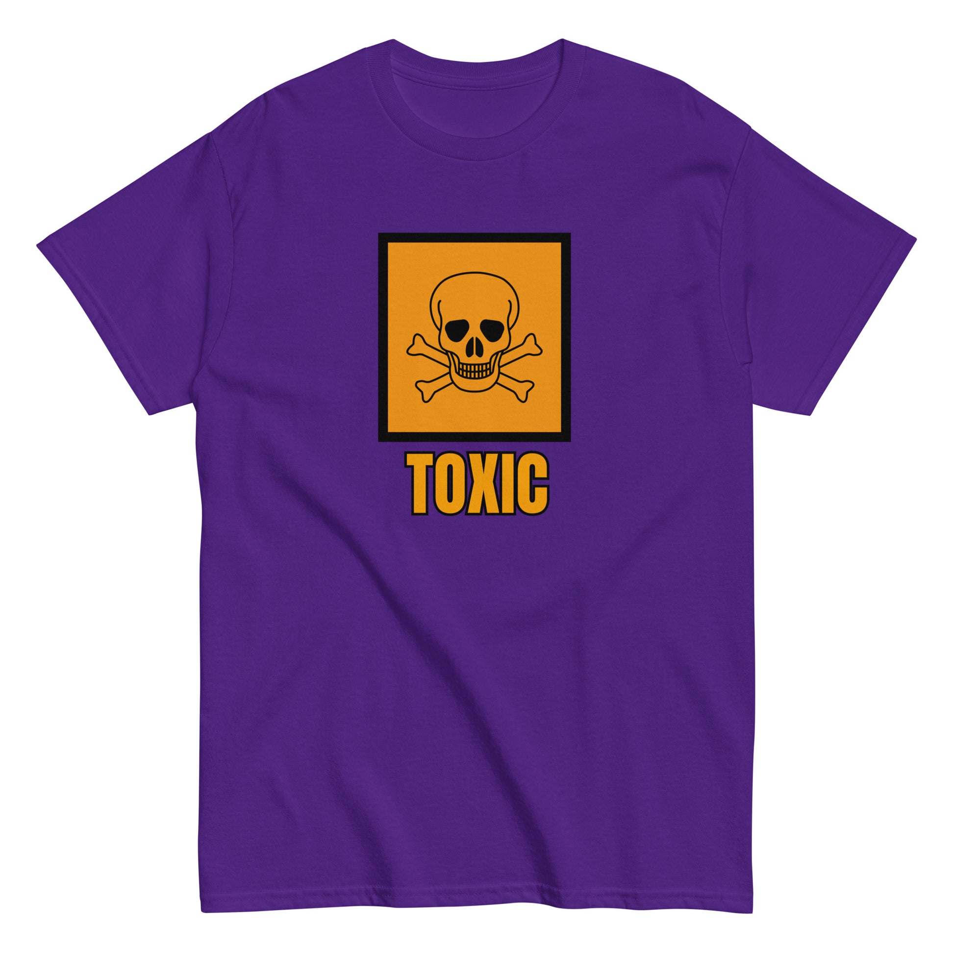 The FunnyDripStore Toxic T-Shirt features a bold yellow square with a black skull and crossbones above TOXIC in yellow on the front. This black meme shirt is perfect for those who love humorous clothing.