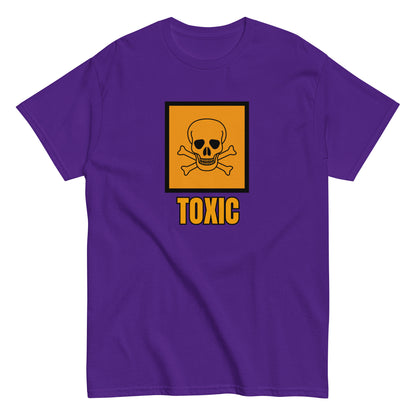 The FunnyDripStore Toxic T-Shirt features a bold yellow square with a black skull and crossbones above TOXIC in yellow on the front. This black meme shirt is perfect for those who love humorous clothing.
