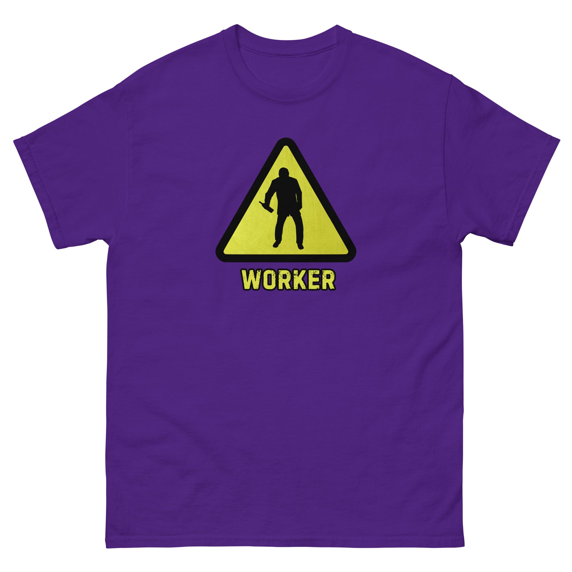The Worker T-Shirt by FunnyDripStore features a yellow triangular warning sign with a worker silhouette and bold yellow WORKER text on black—a funny shirt for anyone who enjoys meme apparel and humorous graphic tees.