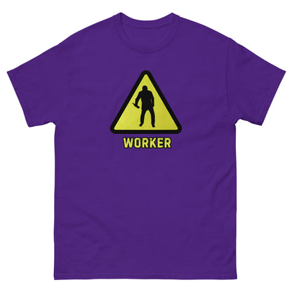 The Worker T-Shirt by FunnyDripStore features a yellow triangular warning sign with a worker silhouette and bold yellow WORKER text on black—a funny shirt for anyone who enjoys meme apparel and humorous graphic tees.