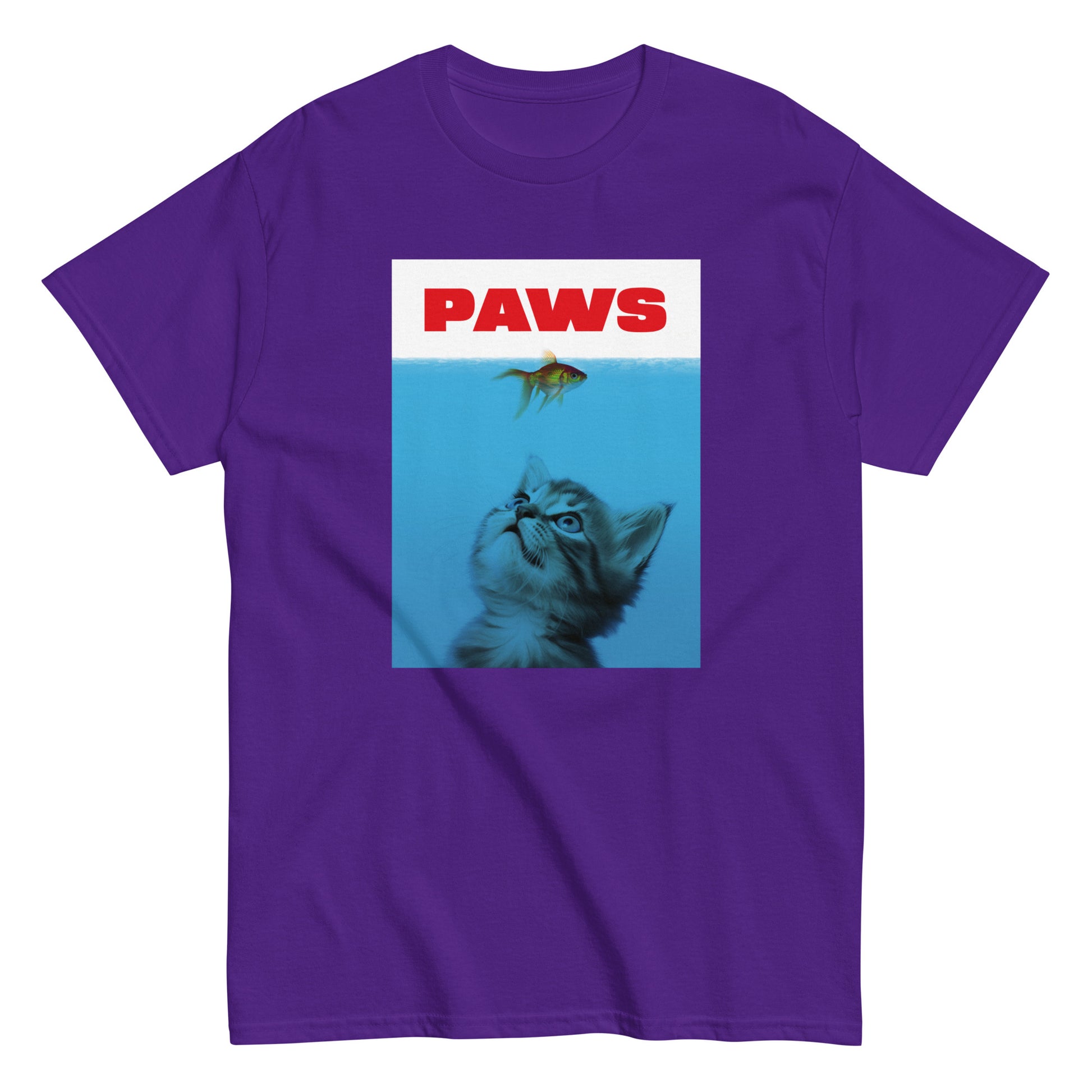 The Paws T-Shirt by FunnyDripStore features a kitten underwater eyeing a goldfish, with PAWS in bold red— a humorous meme shirt parodying the classic Jaws poster.
