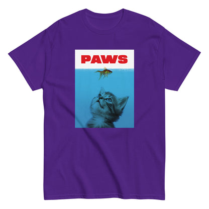 The Paws T-Shirt by FunnyDripStore features a kitten underwater eyeing a goldfish, with PAWS in bold red— a humorous meme shirt parodying the classic Jaws poster.