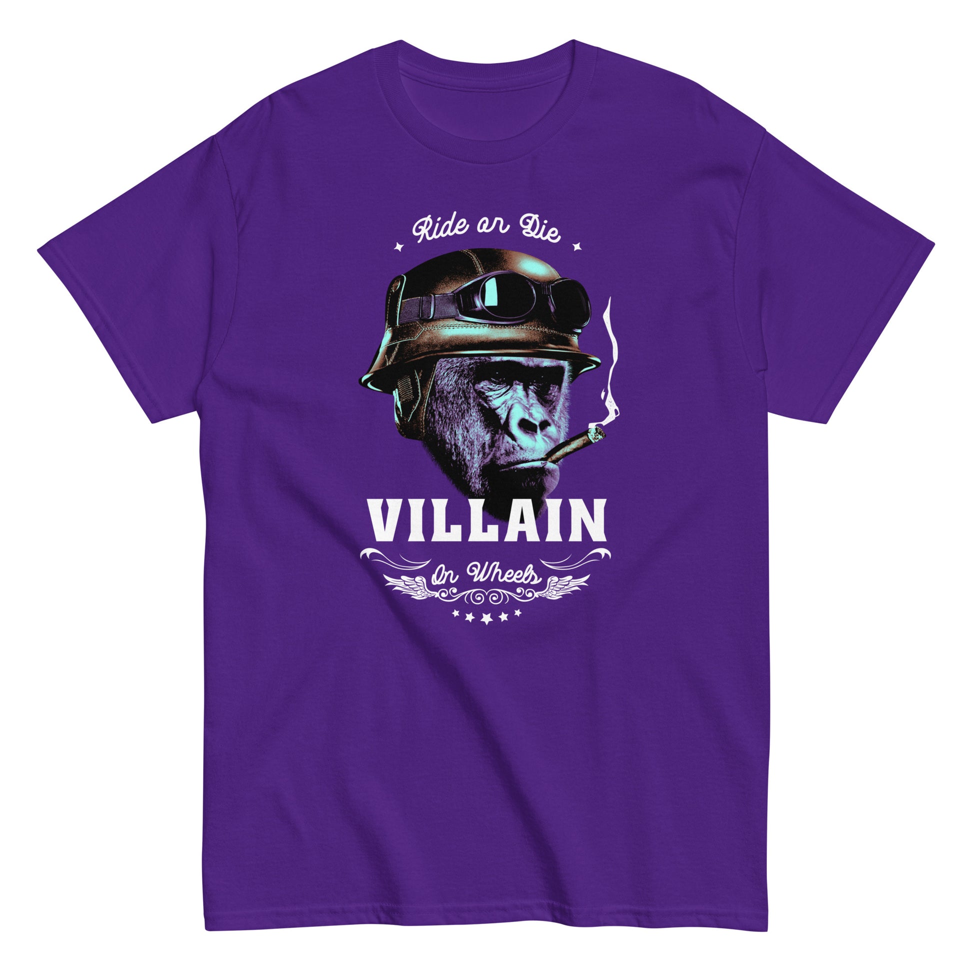 The Villain T-Shirt by FunnyDripStore features a gorilla in a helmet and goggles, smoking a cigarette, with Ride or Die above and Villain on Wheels below. This bold black tee is perfect for fans of unique, funny clothing.