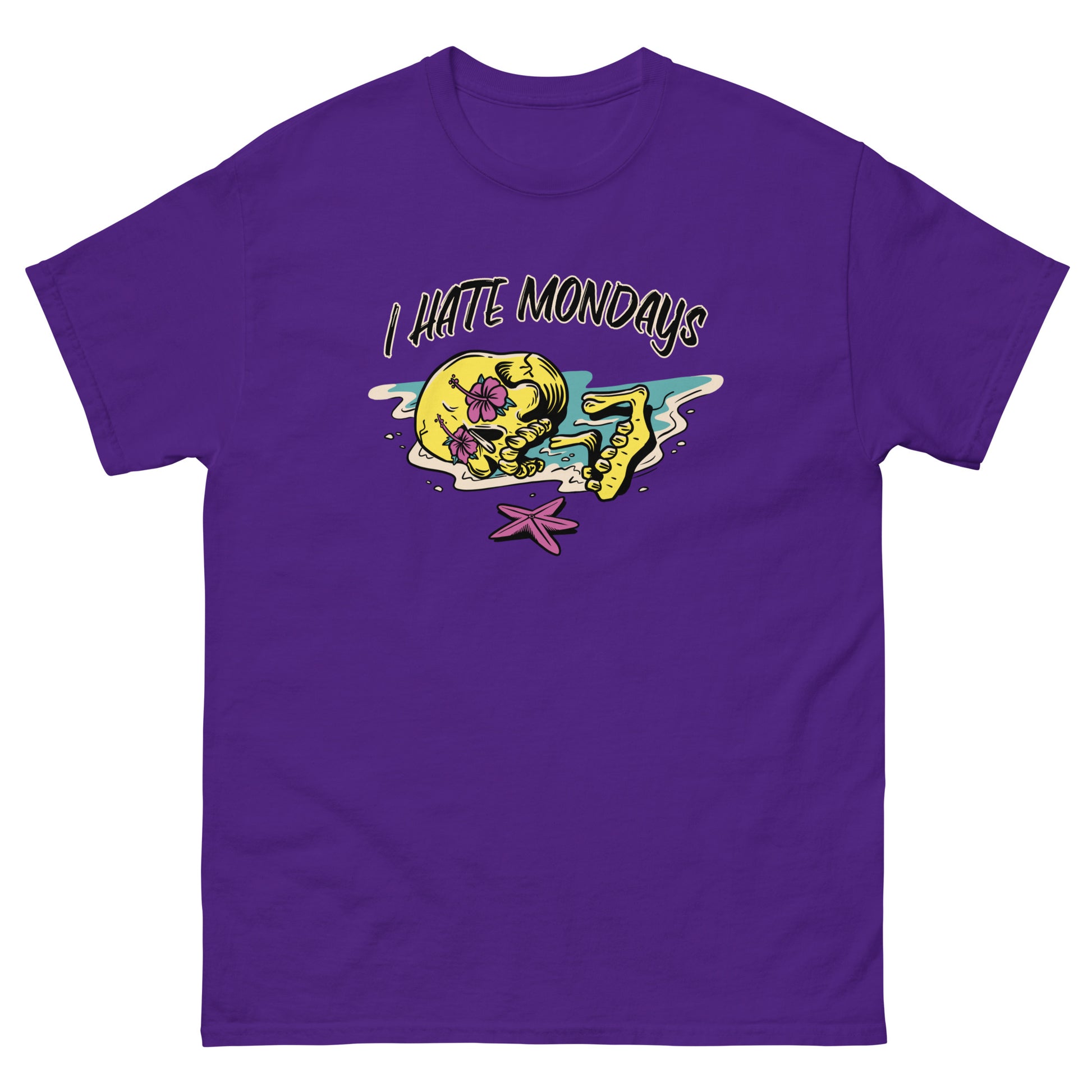 The FunnyDripStore I Hate Mondays T-Shirt in white features a cartoon skeleton lounging on the beach with sunglasses, drink, and starfish, plus bold I HATE MONDAYS text—a perfect funny merch gift.