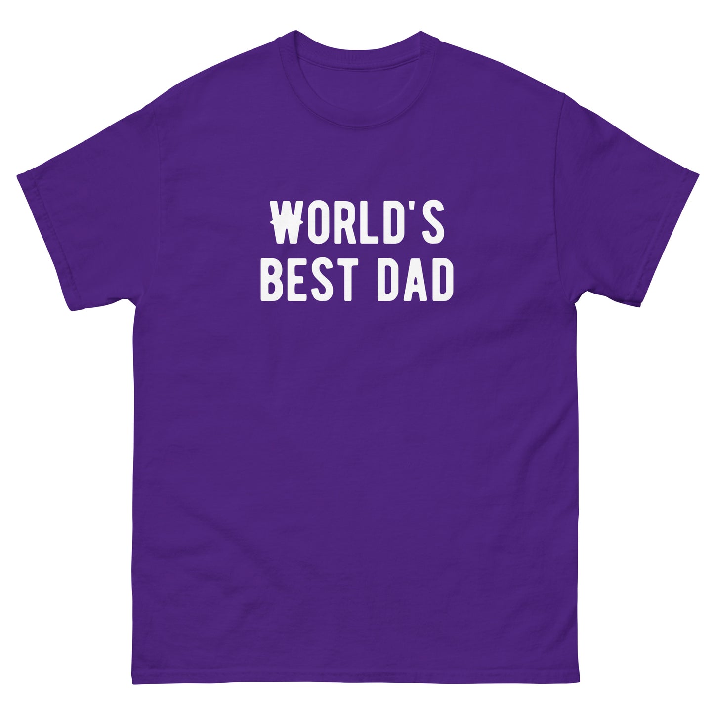The FunnyDripStore Worlds Best Dad T-Shirt in navy features WORLDS BEST DAD in bold white letters, with the W styled as a mustache—a funny, unique gift for dads who love humorous clothing.