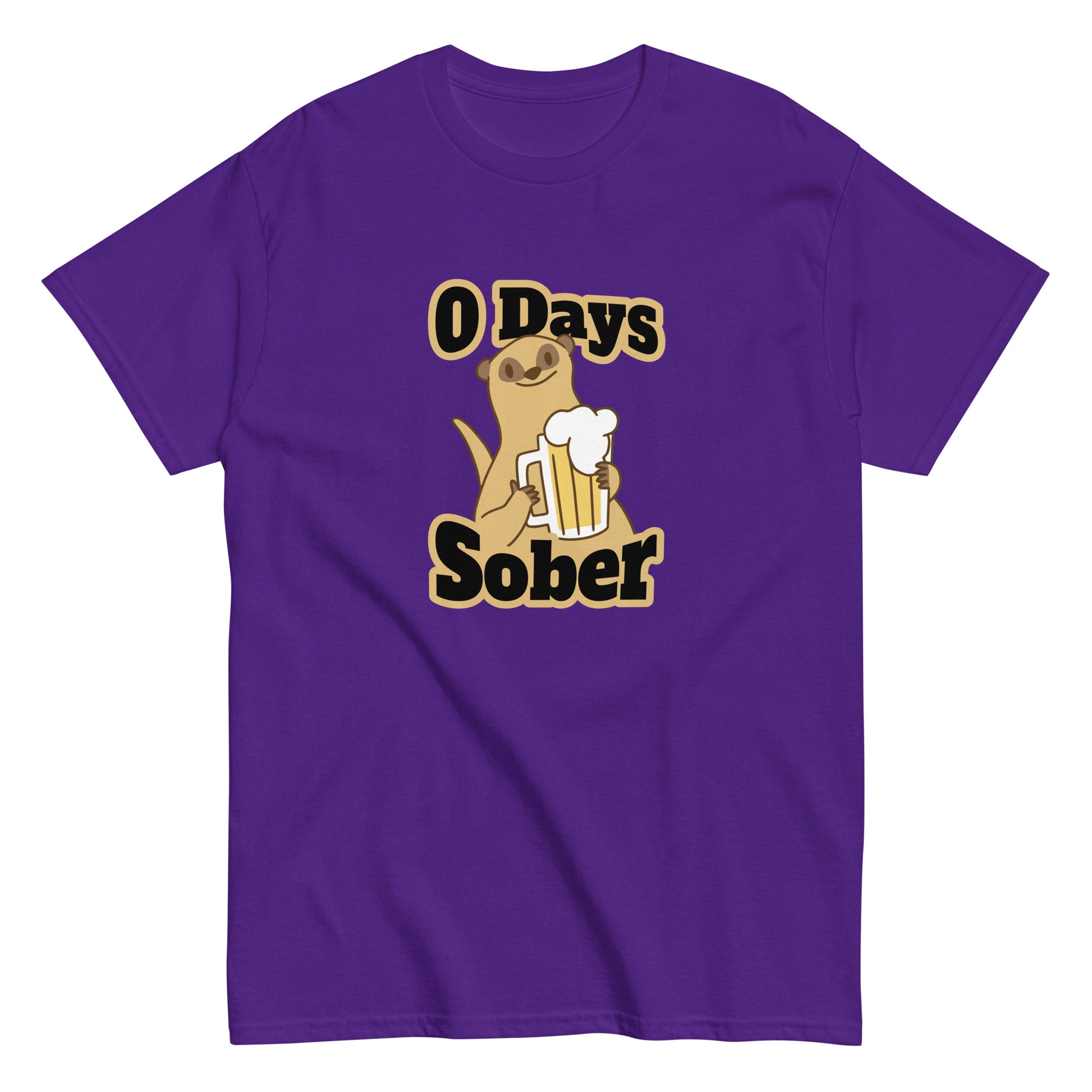 The 0 Days Sober T-Shirt by FunnyDripStore features a cartoon meerkat with a beer mug and bold 0 Days Sober text, printed on a navy shirt—ideal quirky, funny clothing for fans of humorous style.